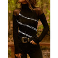 Feminino elegante de renda frisada Pulôver Decor, blusa com gola alta, camiseta feminina skinny, glamoroso pendular, moda