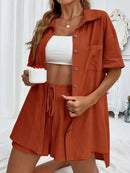 Conjunto feminino de duas peças de linho e algodão, manga curta, camisa monocromática, shorts soltos, terno casual de escritório, moda feminina, verão, 2025