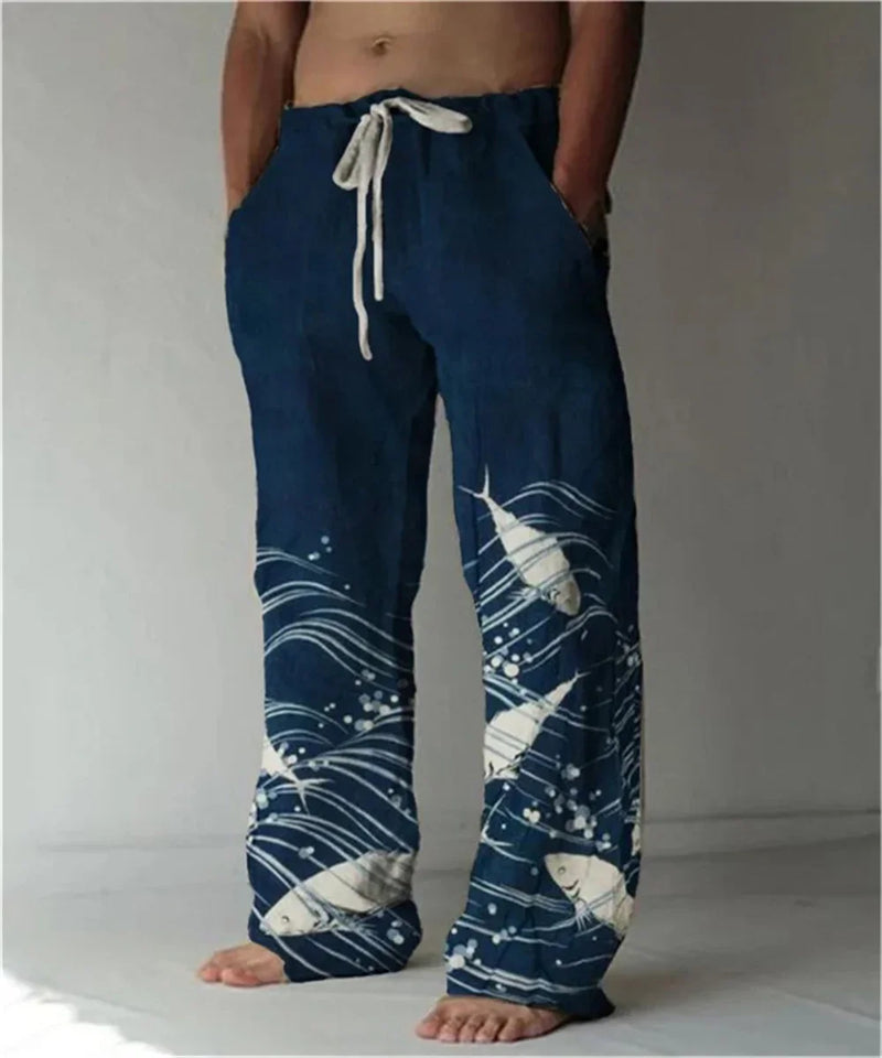 Calça de perna larga, fina com estampa 3D masculina, tamanho grande, reta, casual, além das fronteiras, nova, além das fronteiras, primavera e outono
