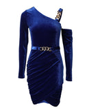 Vestido de noite feminino 2025 outono inverno mais recente sexy veludo um ombro corrente ruched mini vestido magro casamento convidado saia curta