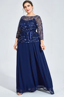 Flycurvy Plus Size Formal Azul Marinho Chiffon Mesh Planta Impressão Lace-Up Duas Peças Vestido Maxi