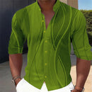 Camisa de gola geométrica com estampa gradiente masculina, manga comprida, vermelho, amarelo, azul, verde, ao ar livre, street fashion, casual