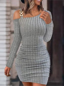 Vestido bodycon manga comprida fora do ombro feminino, mini vestido casual, decoração em cadeia, vestidos sexy, com nervuras, monocromático, moda, outono, 2024