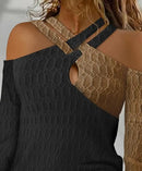 Top texturizado feminino Criss Cross cabo, pulôver casual, t de manga comprida, t colorblock, ombro frio, moda, outono, 2023