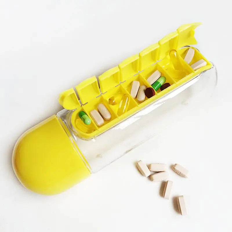 Organizador semanal da caixa da pilha com garrafa de água, 600ml, caso portátil do suporte das vitaminas da pilha de 7 dias, garrafa de beber ao ar livre 2 em 1