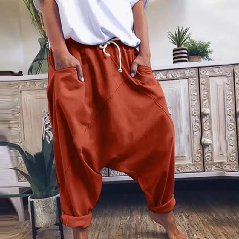 Calças de virilha de harém casuais femininas, calças de harém de moda com cordões, calças femininas, hip-hop de grandes dimensões streetwear mulher