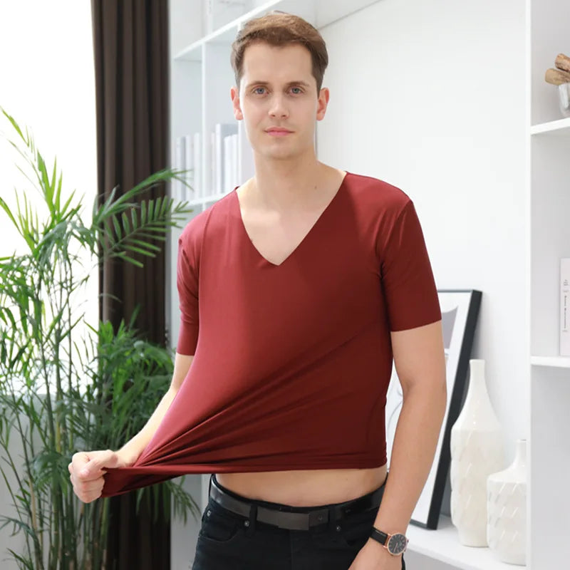 Camiseta de seda gelo masculina, manga curta, camisola regata com decote em v, colete respirável masculino, camiseta fina sem costura, camisola singlets musculação, verão