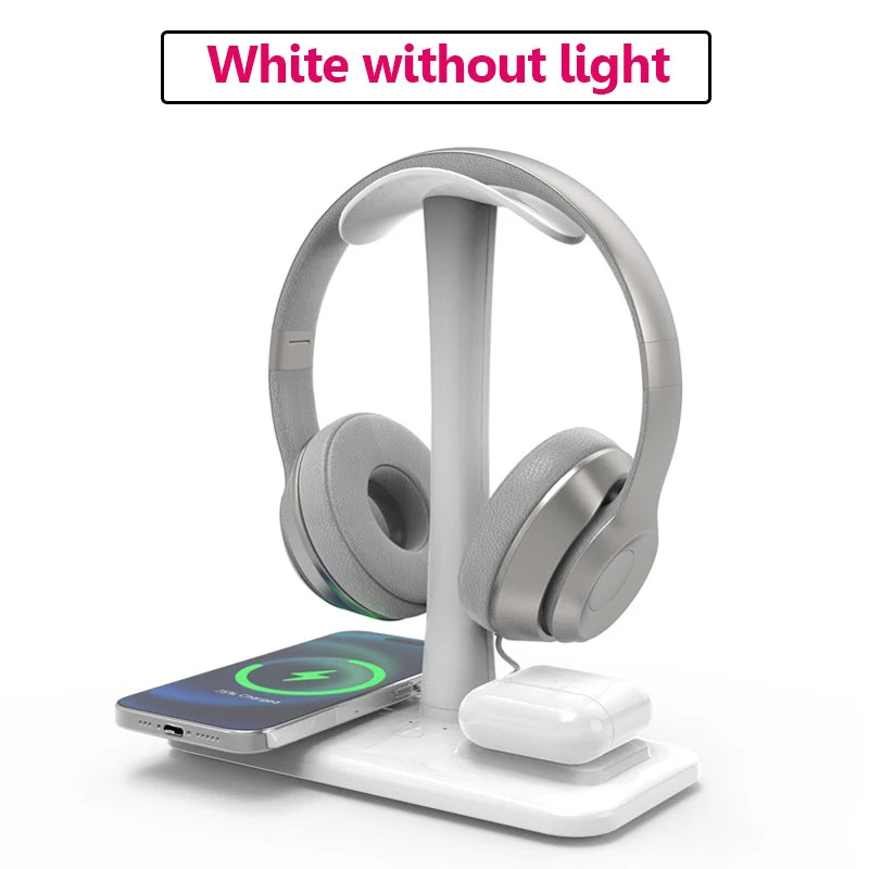 Auscultadores sem fio Stand Charger, RGB Atmosfera Light, Gaming Headset Bracket, telefone móvel, fone de ouvido Bluetooth, carregamento Dock, 3in 1