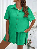 Conjunto feminino de duas peças de linho e algodão, manga curta, camisa monocromática, shorts soltos, terno casual de escritório, moda feminina, verão, 2025