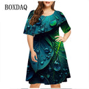 Vestido de gota de chuva verde verde feminino, manga curta, decote em O, solto, vestidos plus size, impressão 3D, mini, casual, moda verão, 5XL, 6XL