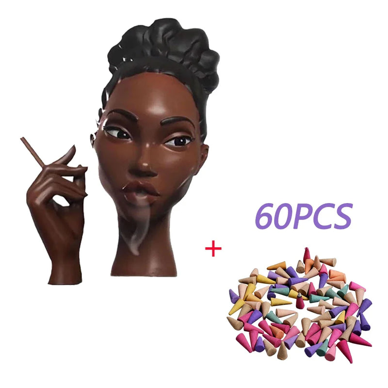 Novo queimador de incenso de cabeça, queimador de incenso de resina de rosto feminino preto nobre e 60 cones de incenso, exibição de artesanato para quarto e escritório