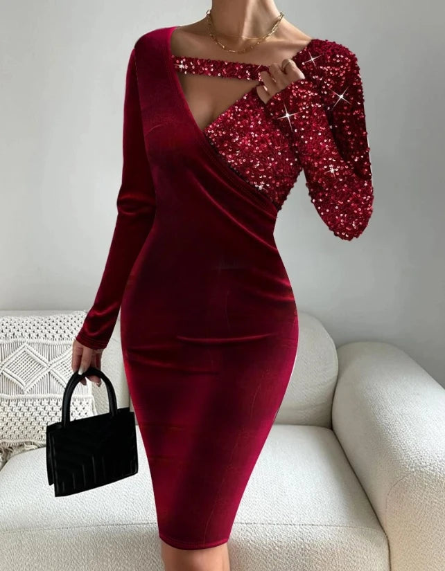 Vestido casual de festa com lantejoulas feminino, mini vestido de manga comprida, saia de quadril, patchwork veludo, contraste, primavera, verão, últimas, 2022