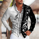 Camisa de lapela dos homens Padrão Nota Musical, 3D Impresso, Casual, Manga Longa, Botão, Adequado para Primavera e Outono, Presente, S-6XL
