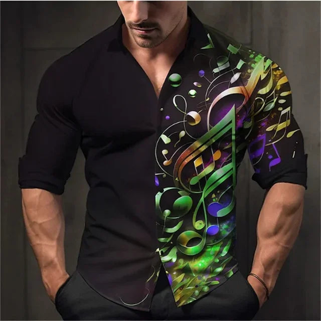 Camisa de lapela dos homens Padrão Nota Musical, 3D Impresso, Casual, Manga Longa, Botão, Adequado para Primavera e Outono, Presente, S-6XL