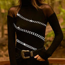 Feminino elegante de renda frisada Pulôver Decor, blusa com gola alta, camiseta feminina skinny, glamoroso pendular, moda