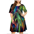 Vestido de gota de chuva verde verde feminino, manga curta, decote em O, solto, vestidos plus size, impressão 3D, mini, casual, moda verão, 5XL, 6XL