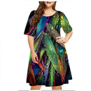 Vestido de gota de chuva verde verde feminino, manga curta, decote em O, solto, vestidos plus size, impressão 3D, mini, casual, moda verão, 5XL, 6XL