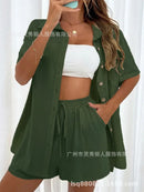 Conjunto feminino de duas peças de linho e algodão, manga curta, camisa monocromática, shorts soltos, terno casual de escritório, moda feminina, verão, 2025