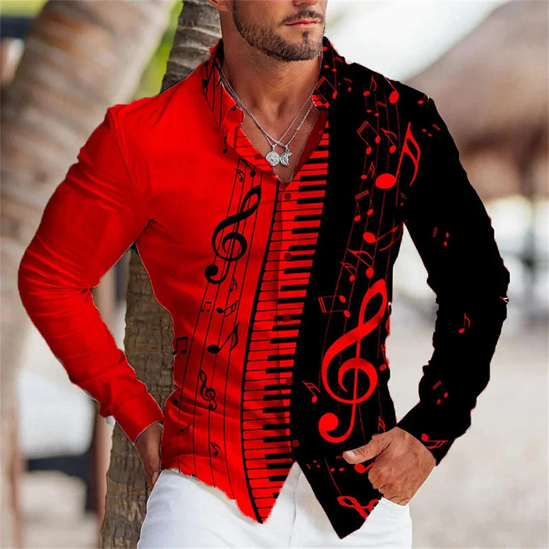 Camisa de lapela dos homens Padrão Nota Musical, 3D Impresso, Casual, Manga Longa, Botão, Adequado para Primavera e Outono, Presente, S-6XL
