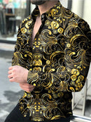 Camisa com gráfico dourado masculina, manga longa, lapela cubana, blusa de praia, roupa de luxo, moda virada