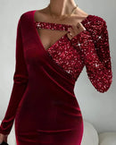 Vestido casual de festa com lantejoulas feminino, mini vestido de manga comprida, saia de quadril, patchwork veludo, contraste, primavera, verão, últimas, 2022