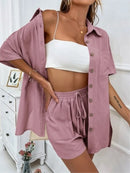 Conjunto feminino de duas peças de linho e algodão, manga curta, camisa monocromática, shorts soltos, terno casual de escritório, moda feminina, verão, 2025