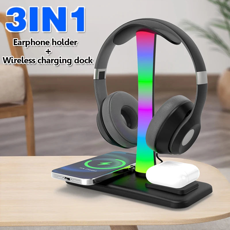 Auscultadores sem fio Stand Charger, RGB Atmosfera Light, Gaming Headset Bracket, telefone móvel, fone de ouvido Bluetooth, carregamento Dock, 3in 1