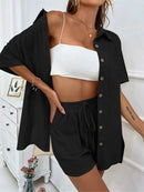 Conjunto feminino de duas peças de linho e algodão, manga curta, camisa monocromática, shorts soltos, terno casual de escritório, moda feminina, verão, 2025