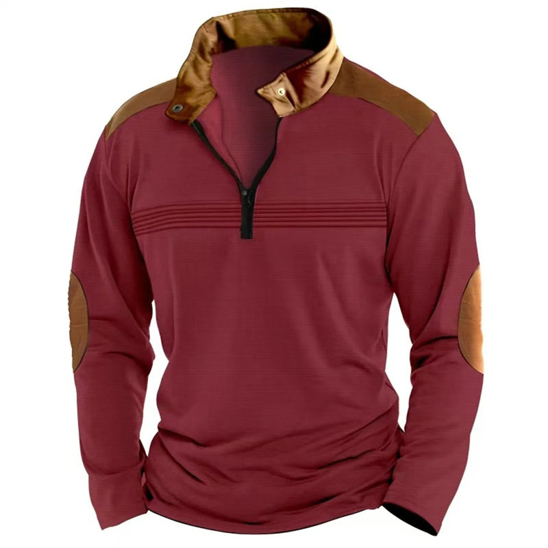 Outono/inverno moda todos os dias casual cor sólida zíper peito plissado listra retalhos confortável camisa polo de manga comprida