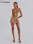 Mini vestido sem encosto impresso Cutenew-para mulheres, patchwork sexy, guarnição Hollow Out, cinta de espaguete, plissado vestido, roupão atraente do clube, Y2K