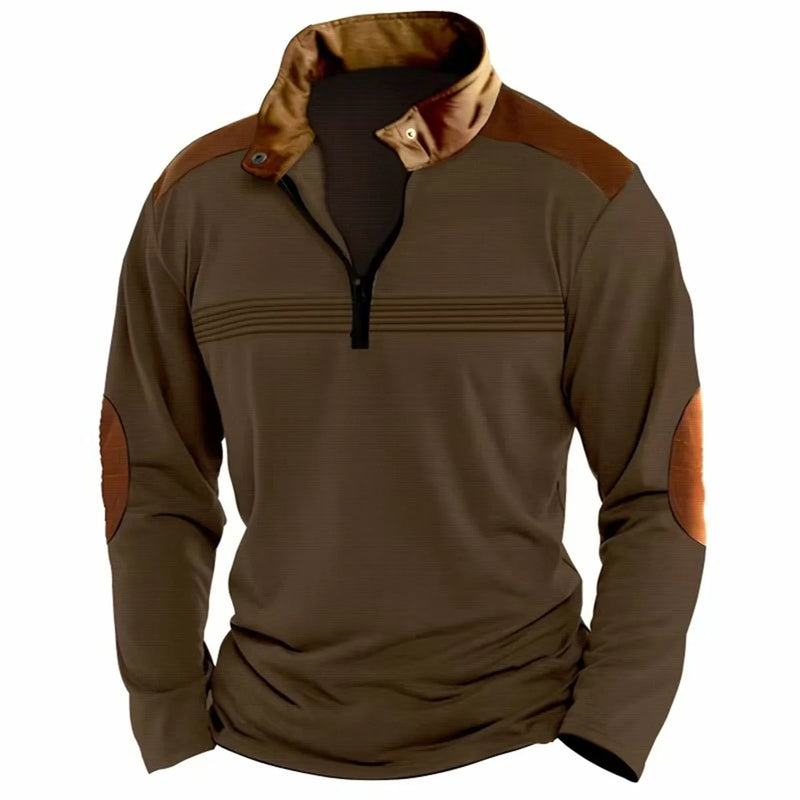 Outono/inverno moda todos os dias casual cor sólida zíper peito plissado listra retalhos confortável camisa polo de manga comprida