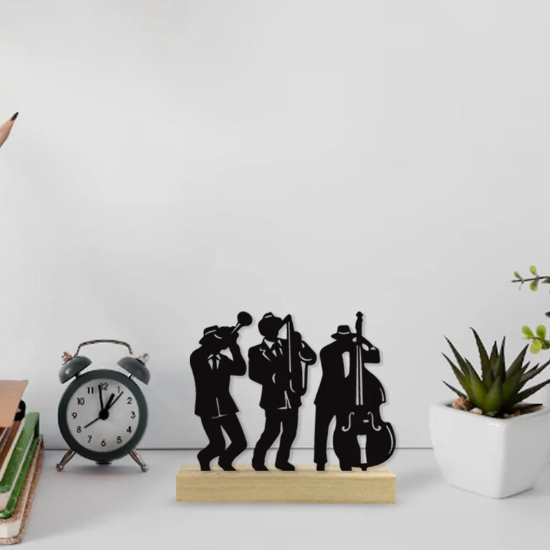 Diy música banda ornamento de ferro com base de madeira sinfonia orquestra escultura de metal arte estatueta