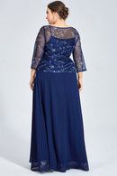 Flycurvy Plus Size Formal Azul Marinho Chiffon Mesh Planta Impressão Lace-Up Duas Peças Vestido Maxi
