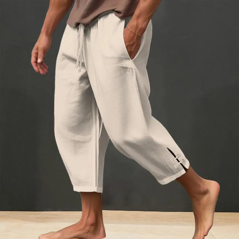 Bandagem de bolso grande calça grande masculina, calça harém solta, calça larga de linho masculina, calça casual masculina