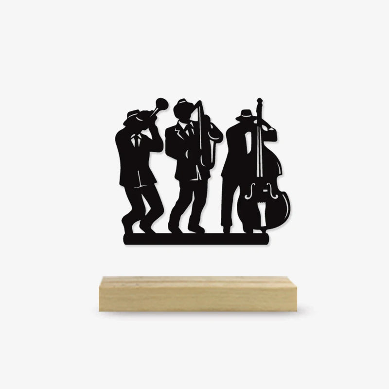 Diy música banda ornamento de ferro com base de madeira sinfonia orquestra escultura de metal arte estatueta