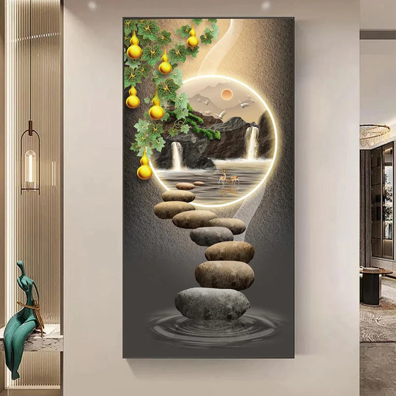 Estilo chinês Zen Pedra Golden Deer Canvas Pintura Wall Art, Rich Tree Posters, Fengshui Wall Art para decoração varanda, sem moldura