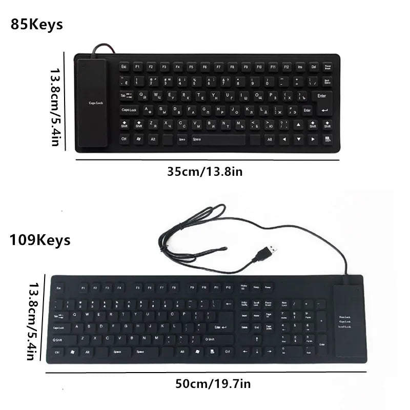 Teclado de silicone dobrável 85/109 teclas USB com fio silencioso à prova d'água à prova de poeira Soft Touch Rollup para notebook laptop