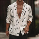 Camisa de lapela dos homens Padrão Nota Musical, 3D Impresso, Casual, Manga Longa, Botão, Adequado para Primavera e Outono, Presente, S-6XL