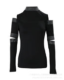 Strass preto feminino de topo apertado, pescoço alto, sem alças, rachado, manga comprida, novo