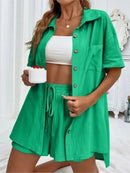 Conjunto feminino de duas peças de linho e algodão, manga curta, camisa monocromática, shorts soltos, terno casual de escritório, moda feminina, verão, 2025