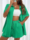 Conjunto feminino de duas peças de linho e algodão, manga curta, camisa monocromática, shorts soltos, terno casual de escritório, moda feminina, verão, 2025