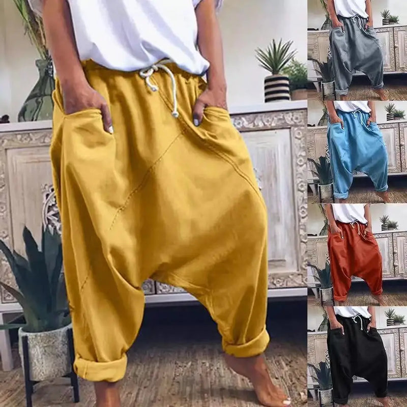 Calças de virilha de harém casuais femininas, calças de harém de moda com cordões, calças femininas, hip-hop de grandes dimensões streetwear mulher