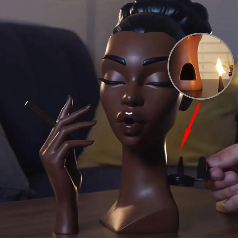 Novo queimador de incenso de cabeça, queimador de incenso de resina de rosto feminino preto nobre e 60 cones de incenso, exibição de artesanato para quarto e escritório
