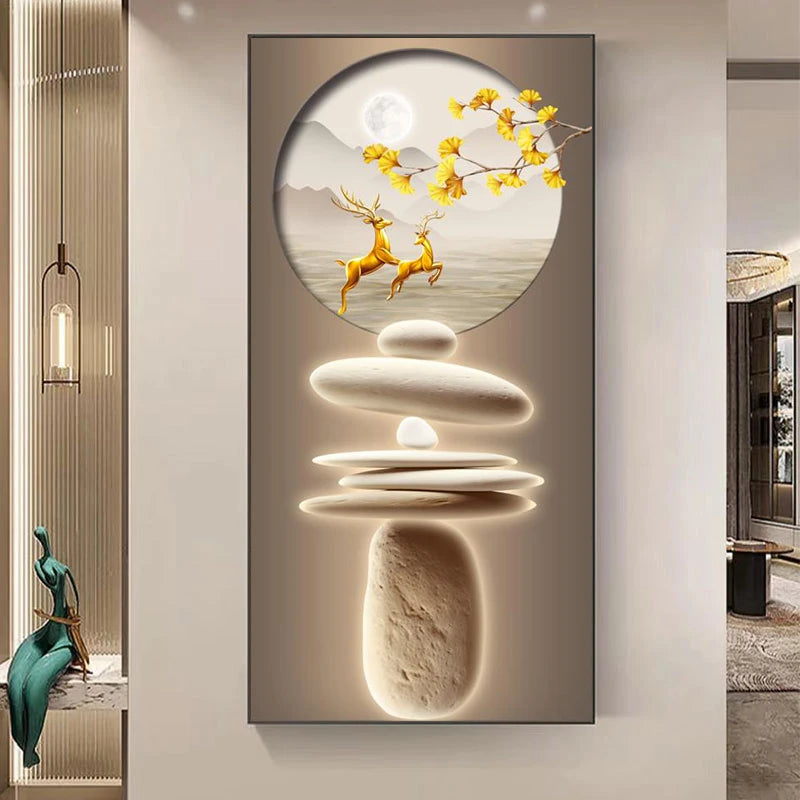 Estilo chinês Zen Pedra Golden Deer Canvas Pintura Wall Art, Rich Tree Posters, Fengshui Wall Art para decoração varanda, sem moldura