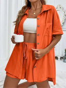 Conjunto feminino de duas peças de linho e algodão, manga curta, camisa monocromática, shorts soltos, terno casual de escritório, moda feminina, verão, 2025