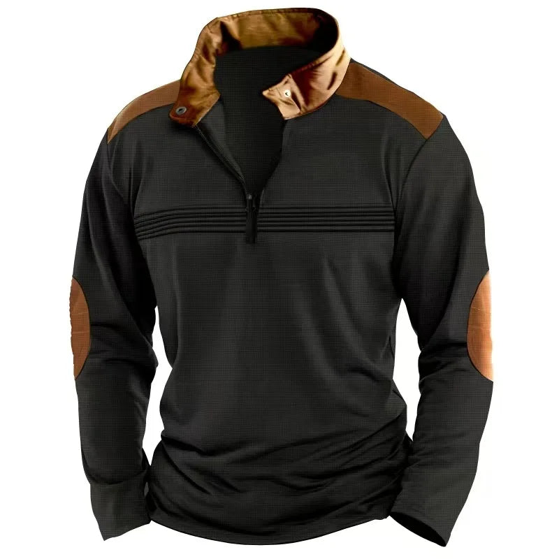 Outono/inverno moda todos os dias casual cor sólida zíper peito plissado listra retalhos confortável camisa polo de manga comprida