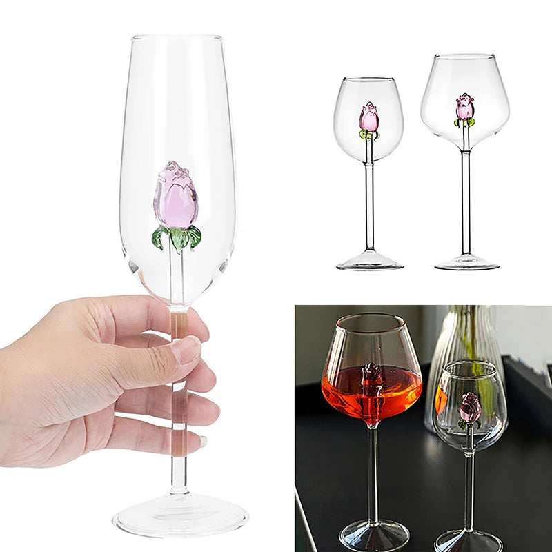 Criativo 3d rosa vidro rosa embutido vermelho branco copos de vinho copo drinkware cálice flauta champanhe doméstico adorável presente dos namorados