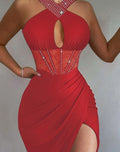 Sexy noite fora vestidos de festa para as mulheres 2022 strass ruched alta fenda contraste rendas espartilho sem mangas halter vestido fino novo