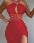 Sexy noite fora vestidos de festa para as mulheres 2022 strass ruched alta fenda contraste rendas espartilho sem mangas halter vestido fino novo