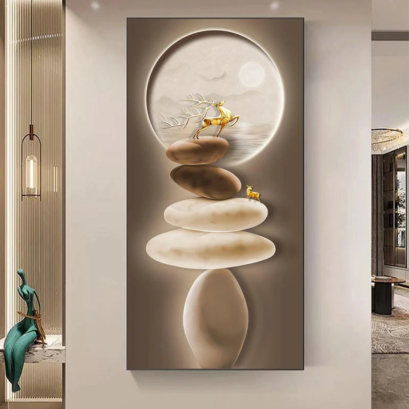 Estilo chinês Zen Pedra Golden Deer Canvas Pintura Wall Art, Rich Tree Posters, Fengshui Wall Art para decoração varanda, sem moldura